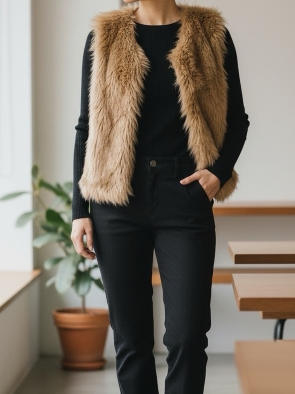 Daniel Faux Fur Brown with Black Accent Bohemian Vest Size M